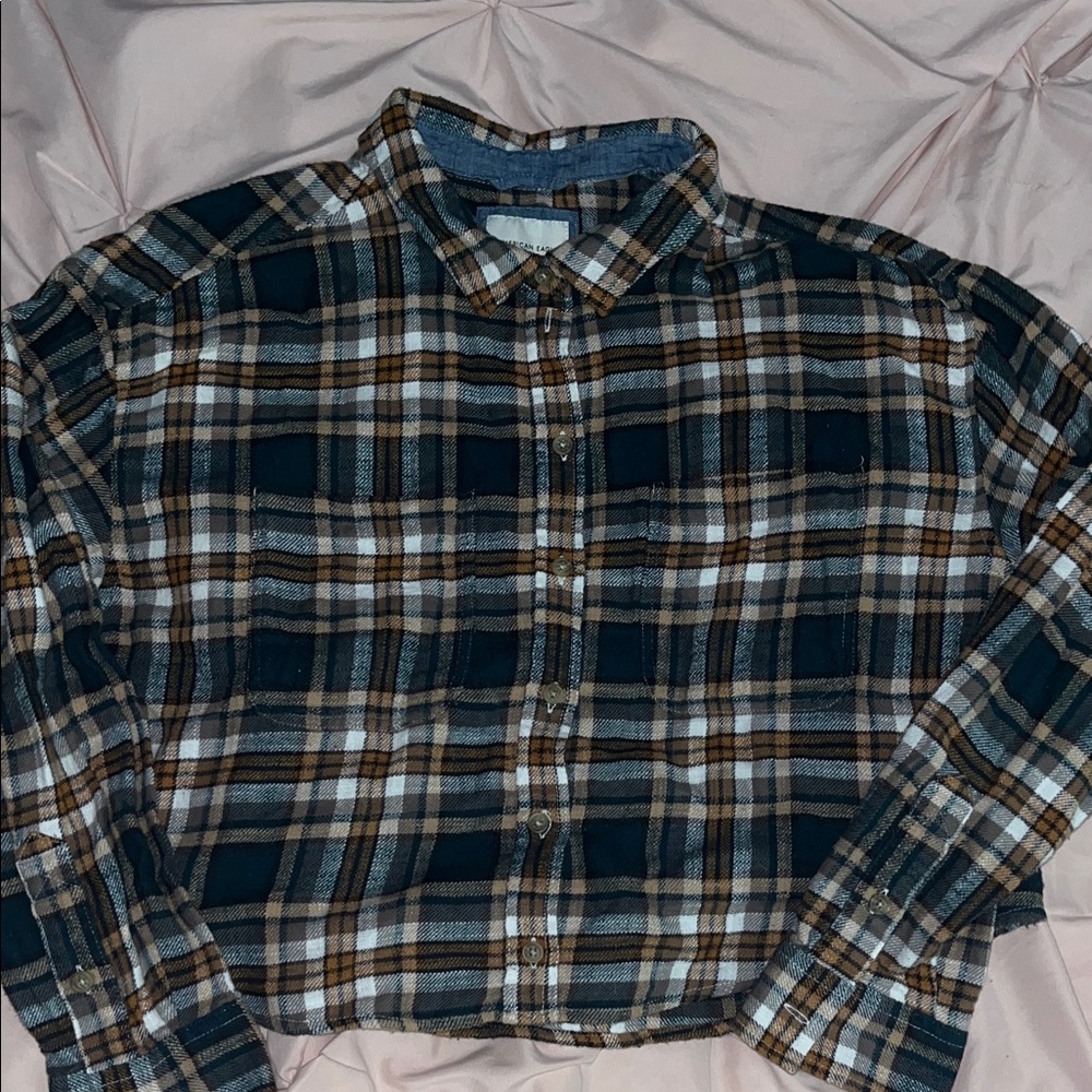 American Eagle Outfitters Cropped Flannel Shirt - Green, Brown, White